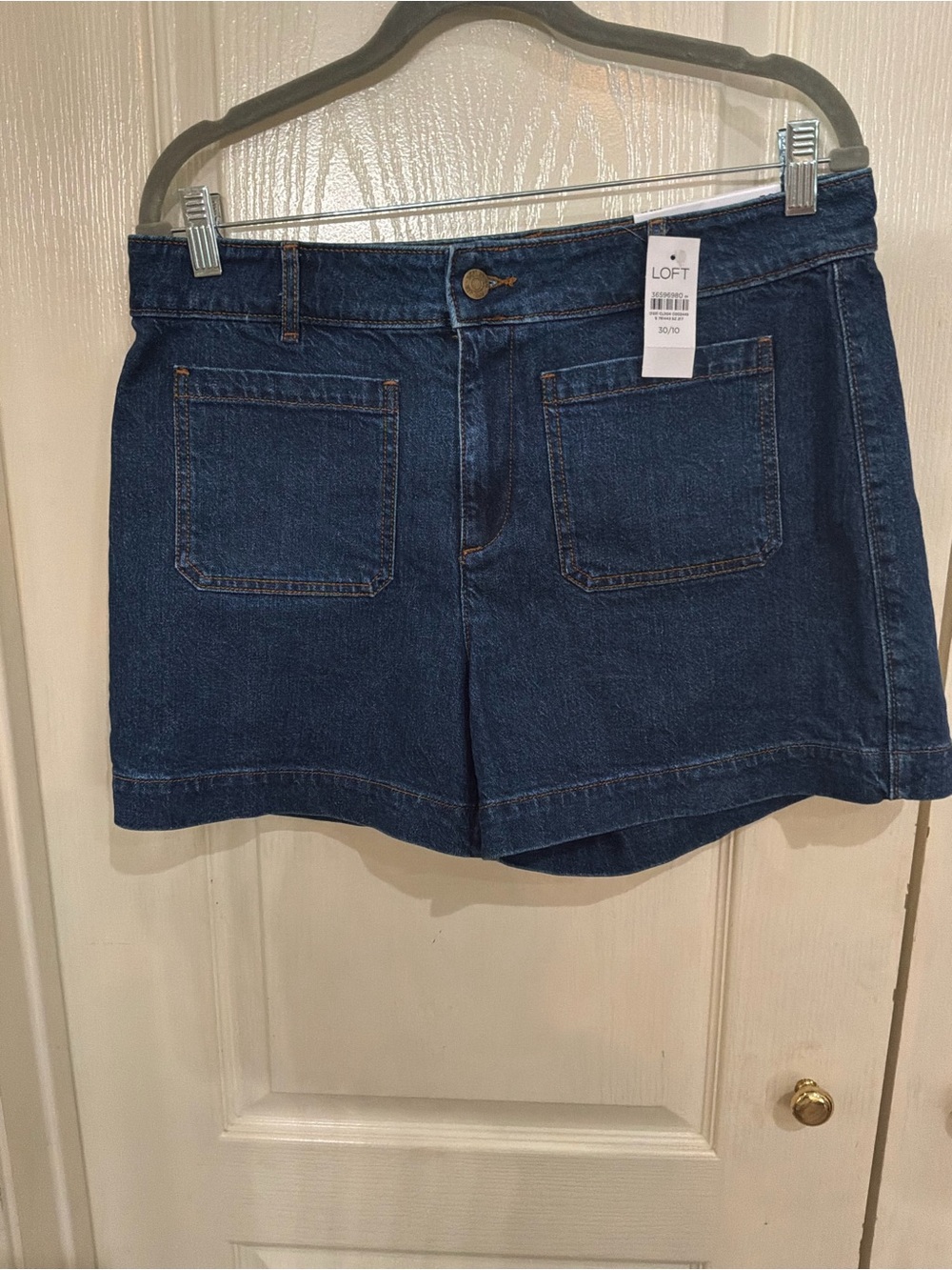 LOFT Navy Blue High-Rise Denim Shorts with Front Patch Pockets